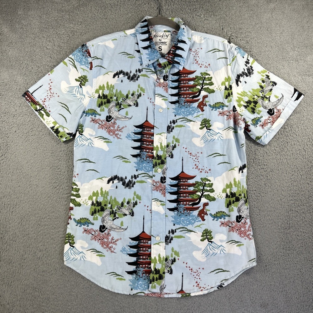 Firefly Lootwear Shirt Mens Small Japanese Hawaiian Dinosaurs Pagoda‎ Nature